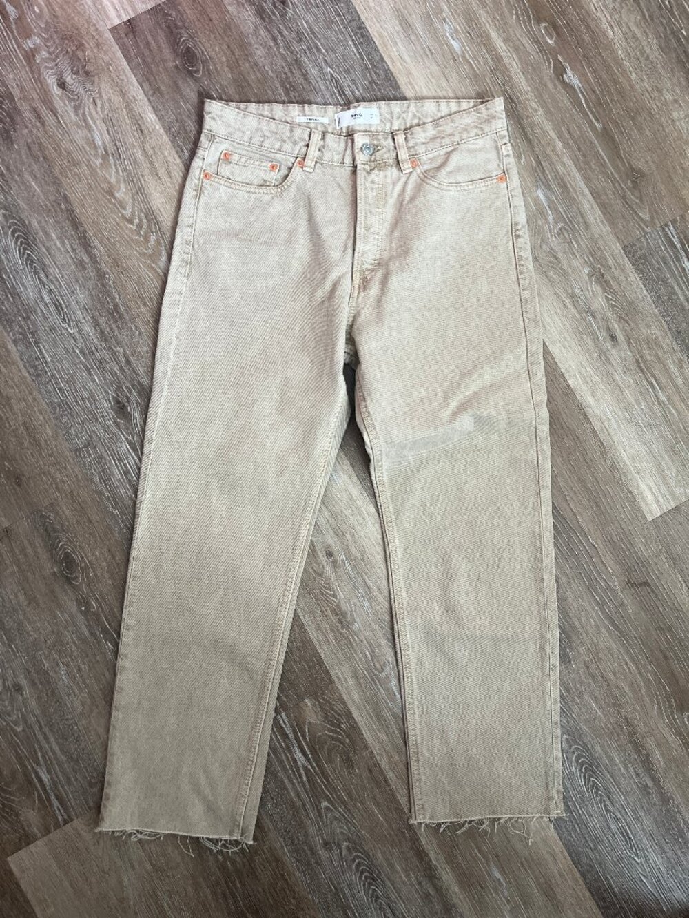 Tan/Beige High-waist cropped straight jeans frayed cuff
